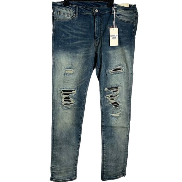 MNML Stretch Moto Denim Jeans Men Size 38 Blue Distressed Ripped Pants NEW‎